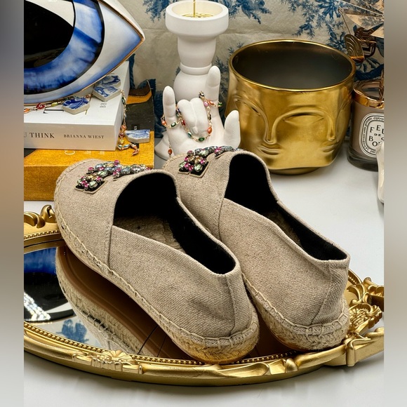 🆕 TORY BURCH 🧿 NWOT Ines Linen & Leather Bejewelled Espadrilles - Size 9 - Picture 9 of 16